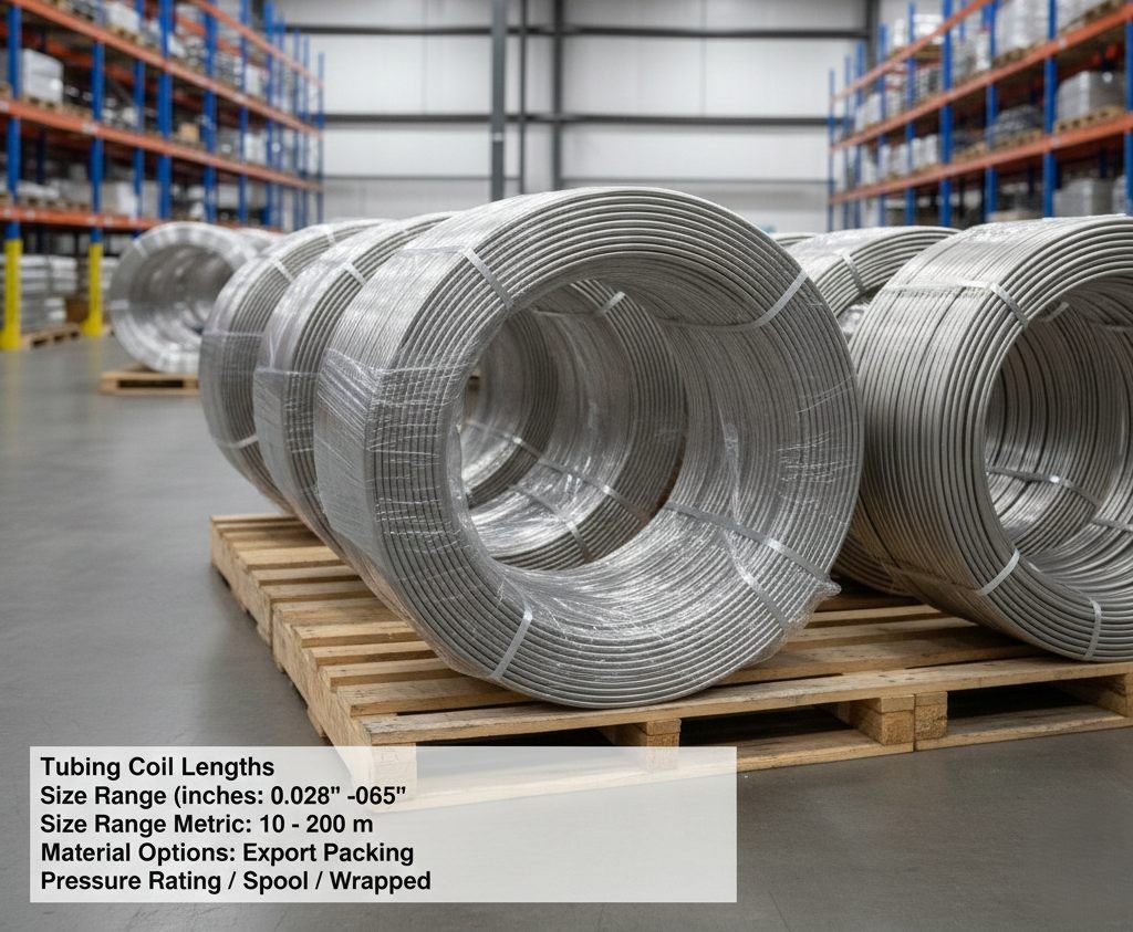 Instrument tubing coils in various supply lengths with export spool and wrapped packing