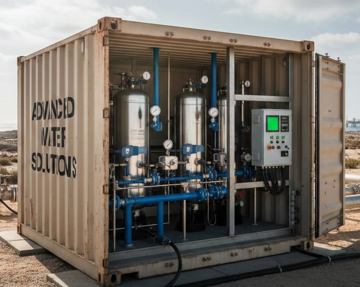Industrial reverse osmosis water purification skid with membrane housings and control panel